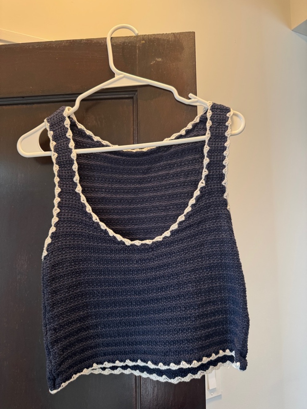 Crocheted Navy Tank Top with White Trim, Low Back - Picture 2 of 3